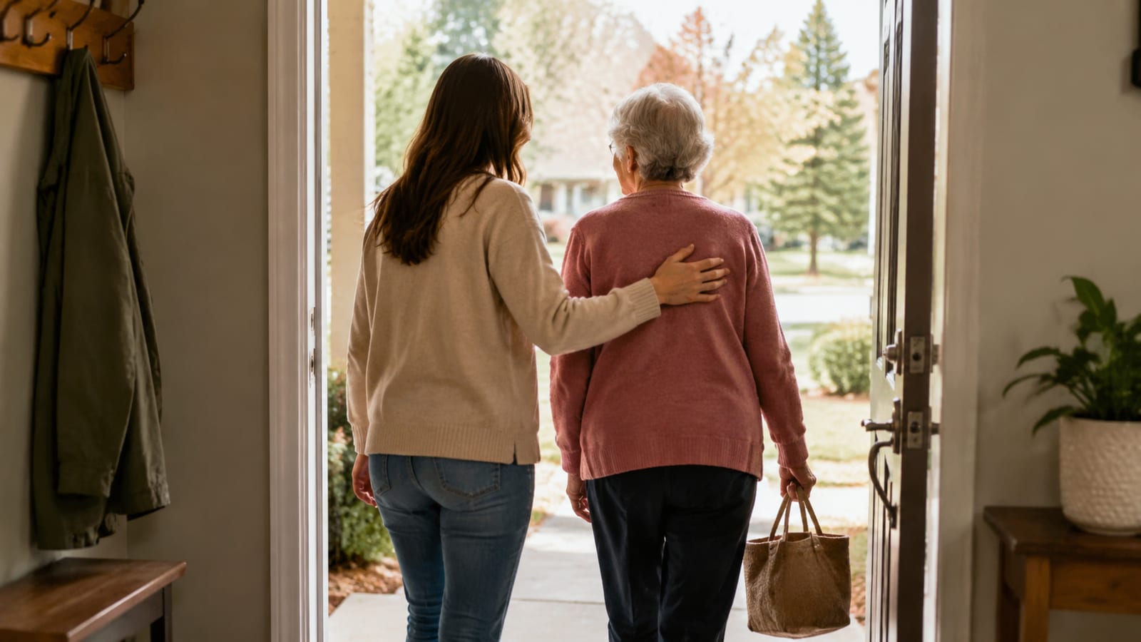 Adult seen from behind helping another person across a threshold, expressing grace followed by obedient living