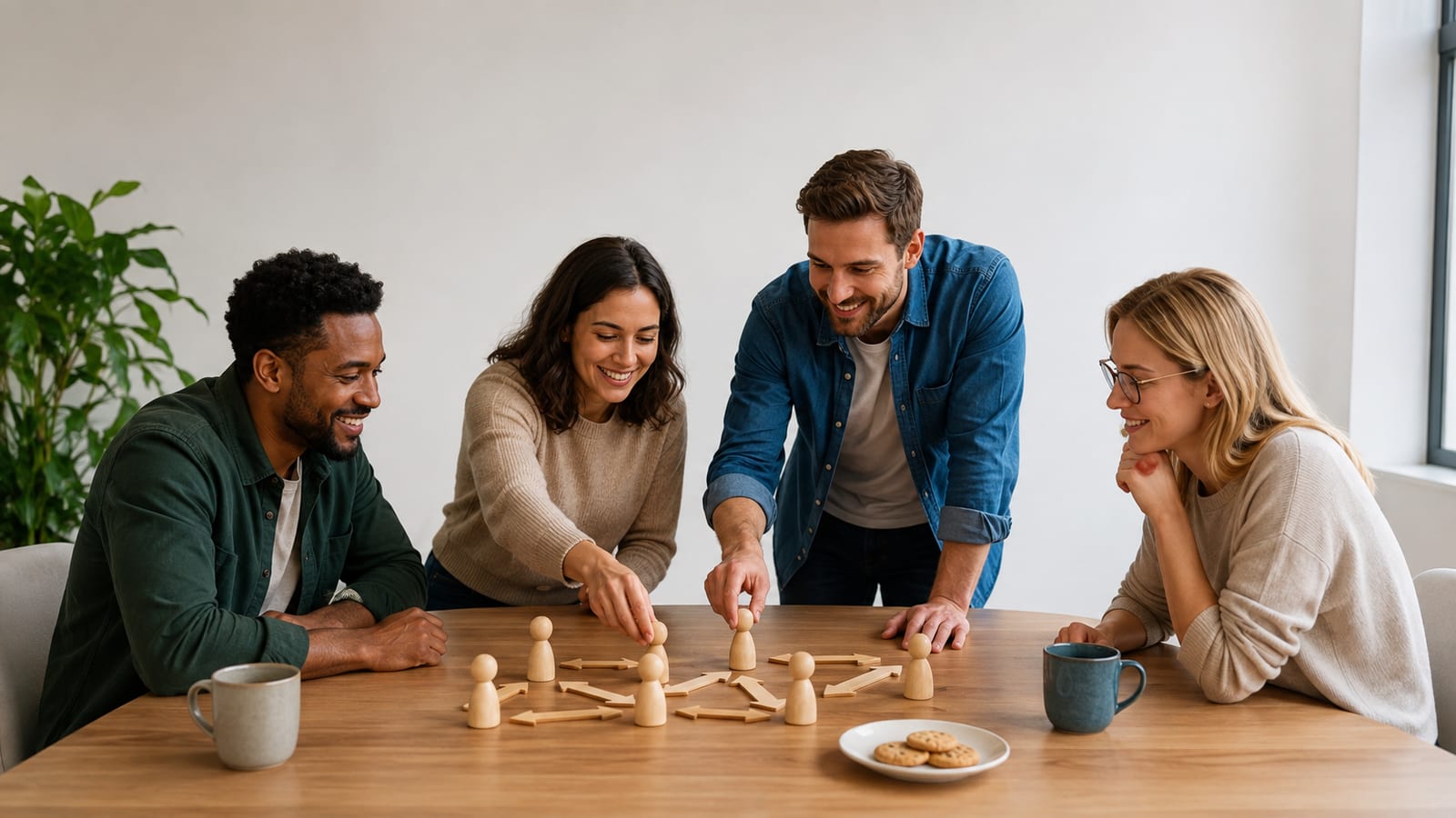 Coworkers coordinating a shared workflow with hand gestures around a meeting table, no screens