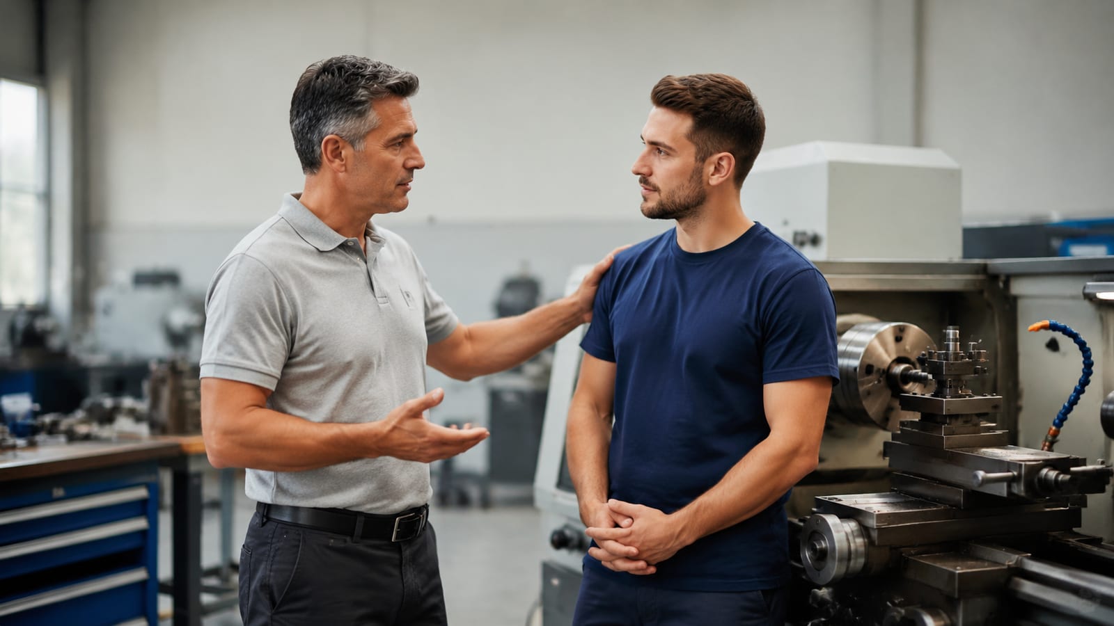Supervisor and employee having a respectful private conversation beside organized workplace equipment