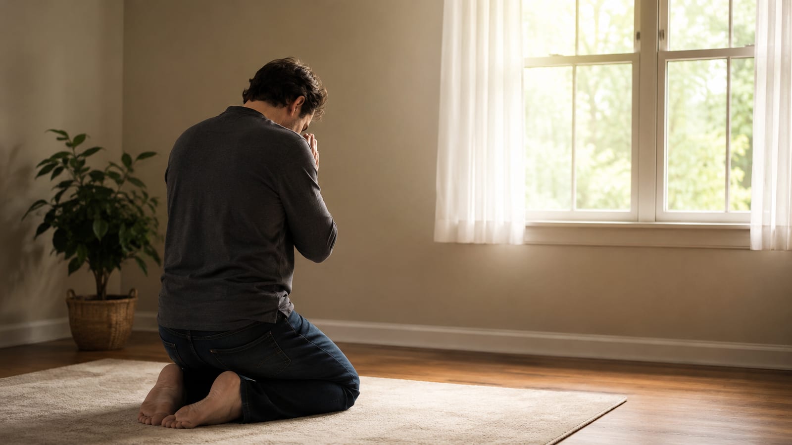 Person kneeling in quiet room, hands clasped in prayer beside softly glowing window