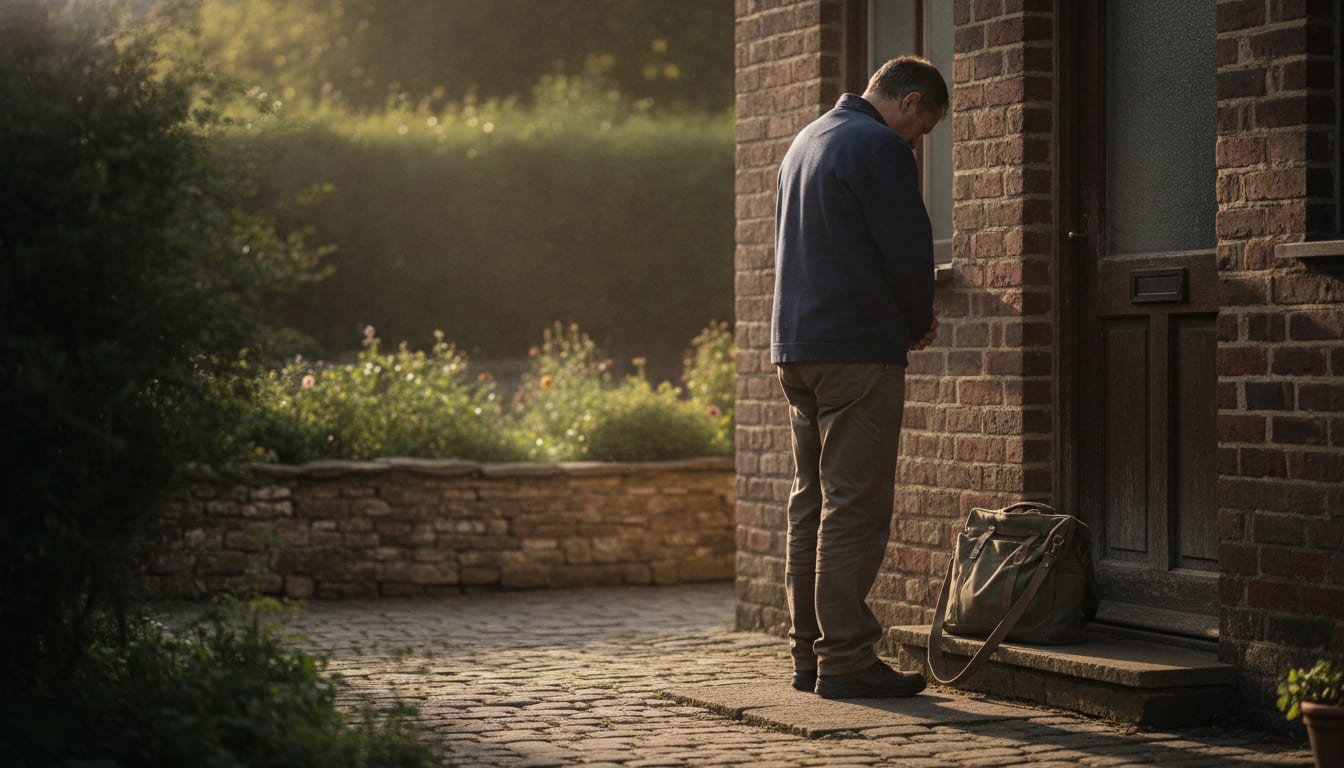 Thoughtful professional pauses in prayer near doorway with modest work bag nearby