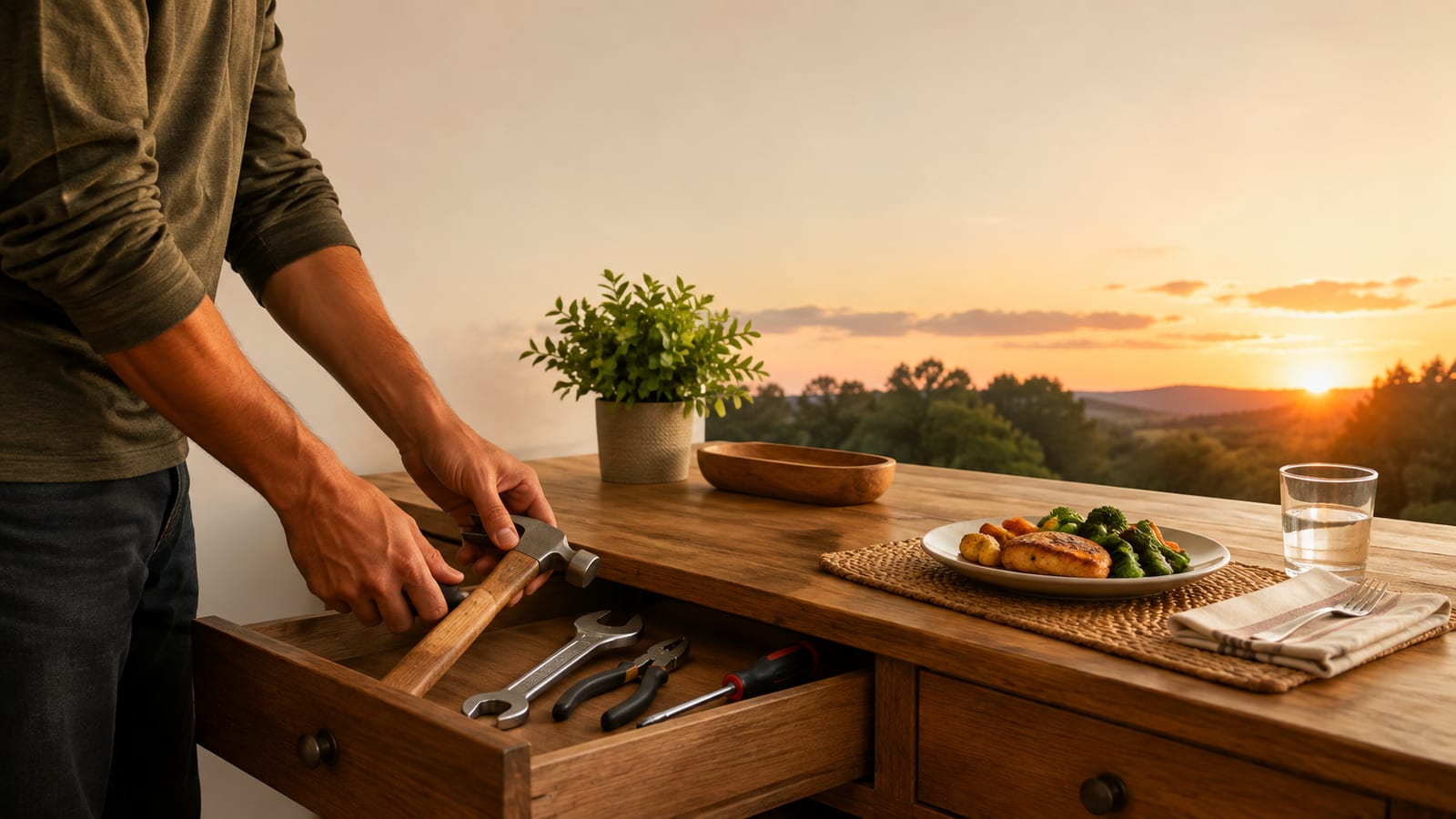 Christian worker placing tools into a drawer before sundown, choosing Sabbath rest over unfinished tasks