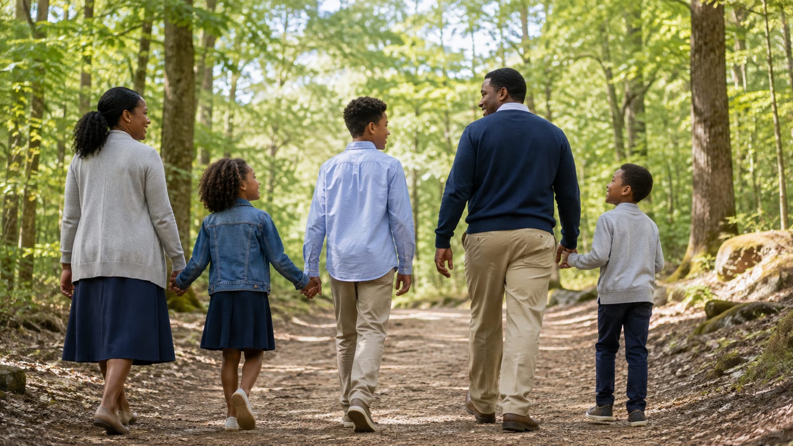 People walking quietly through a wooded trail together, practicing Sabbath fellowship and reflection