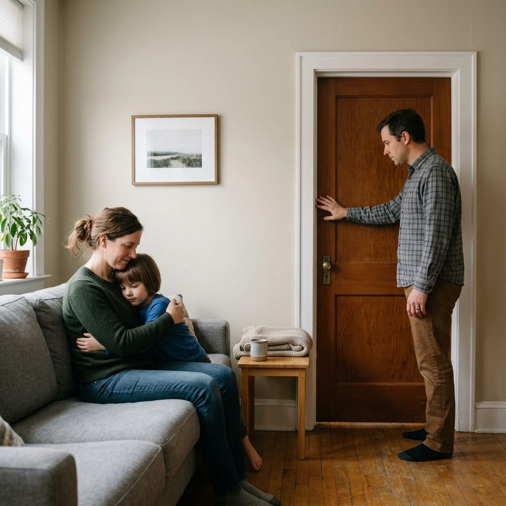 Parent calmly sheltering child indoors while another adult secures a doorway without weapons