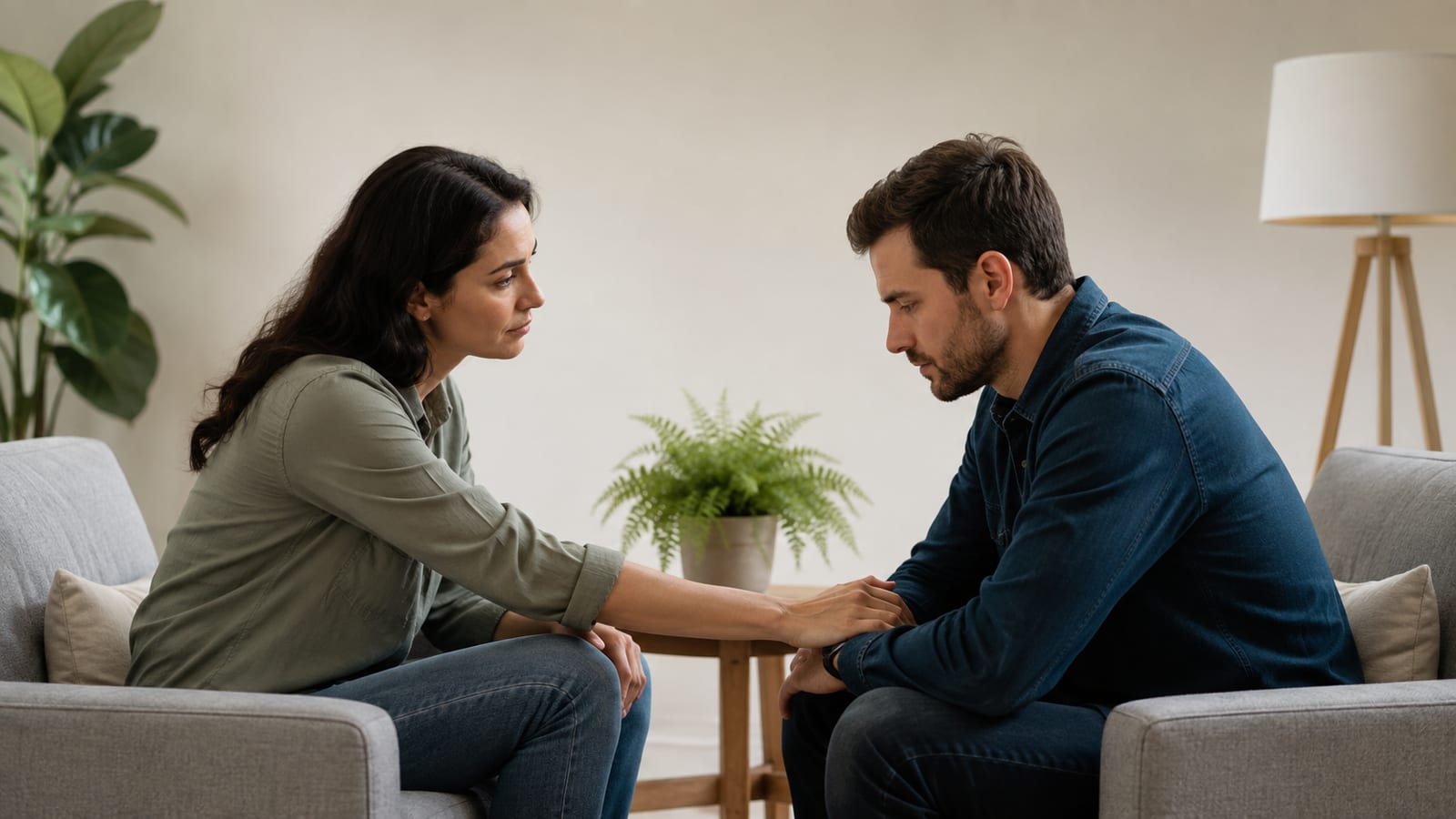 Compassionate friend offering comfort during a quiet conversation about grief and hope