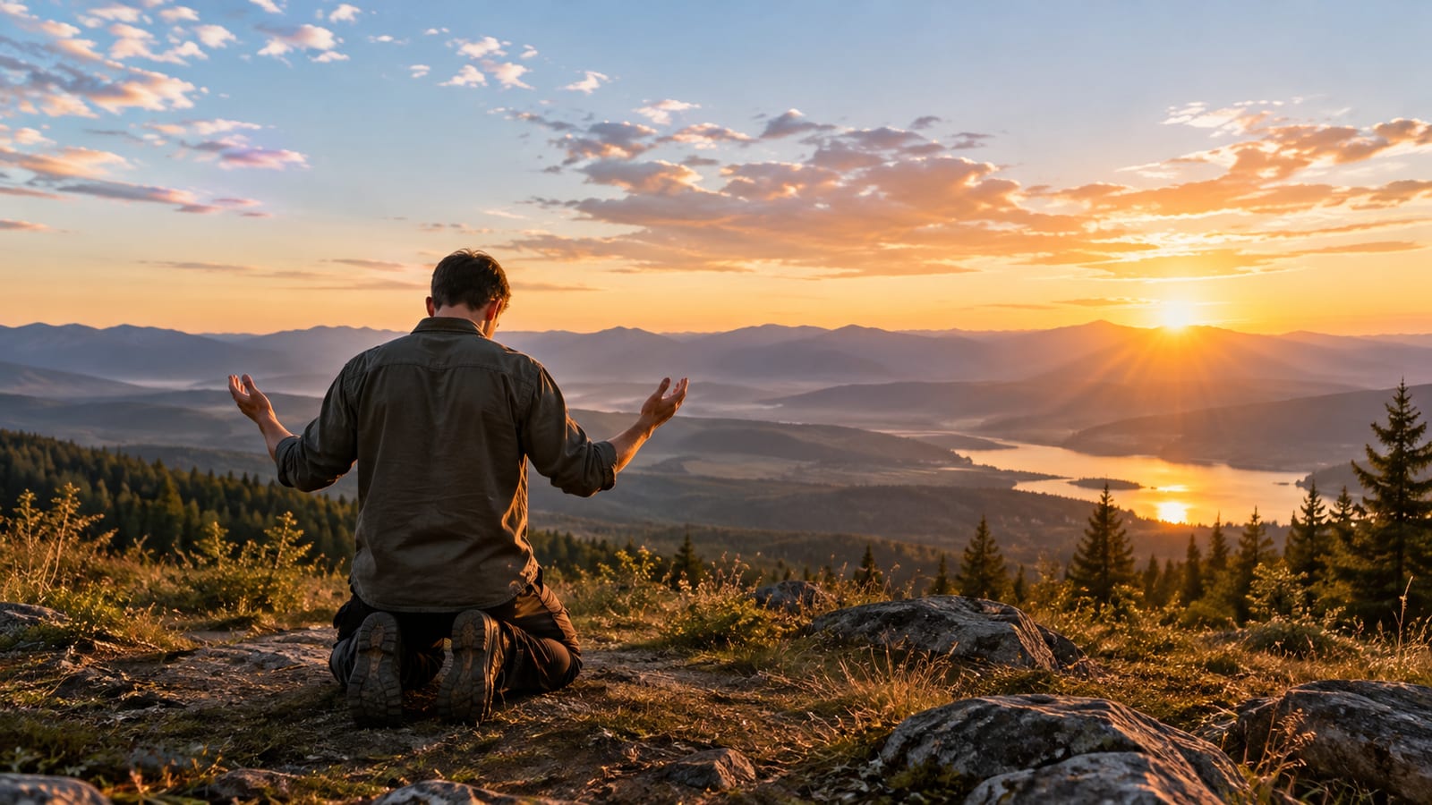 Man kneeling on rocky hilltop with arms outstretched overlooking mountains and lake at sunset