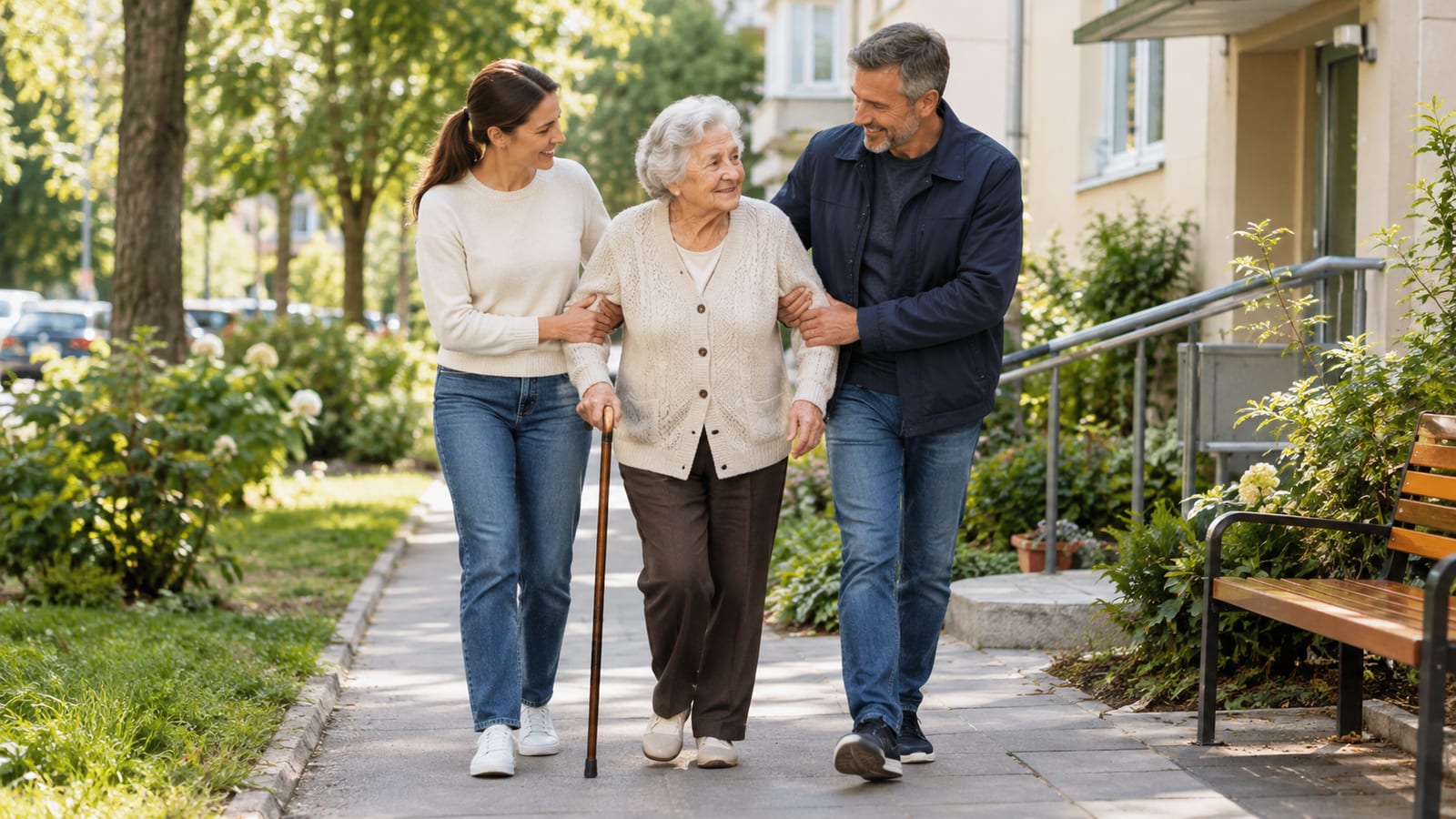 Elderly woman with cane walking with young woman and man on a park path