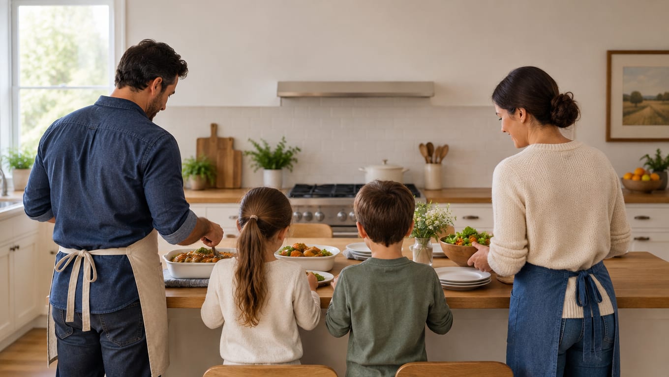 A family of four stands at a kitchen counter with white bowls and plates