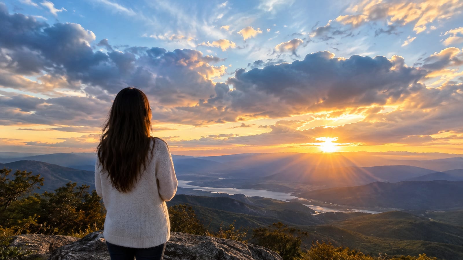 Woman with long hair in white sweater on mountain overlooking sunset and river valley