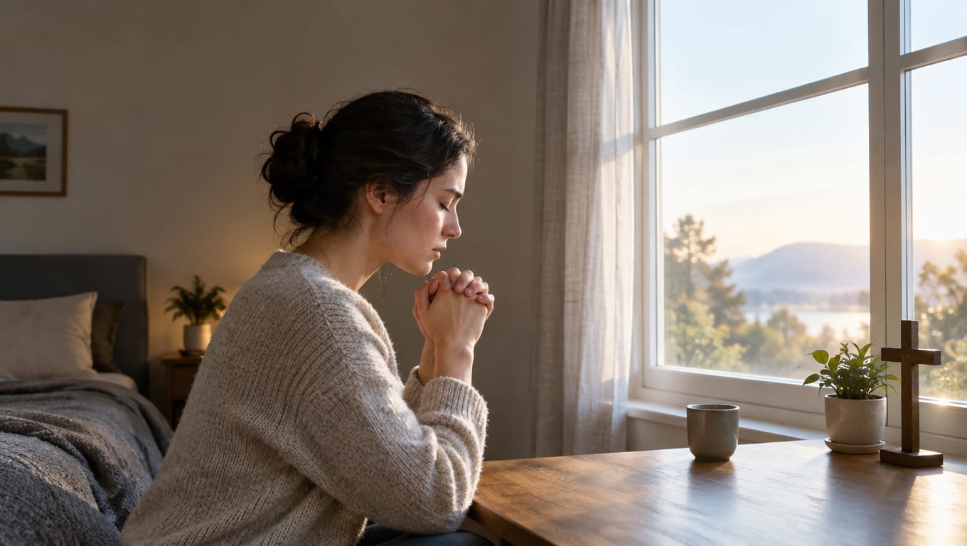 A woman praying with clasped hands at a table near a window and wooden cross