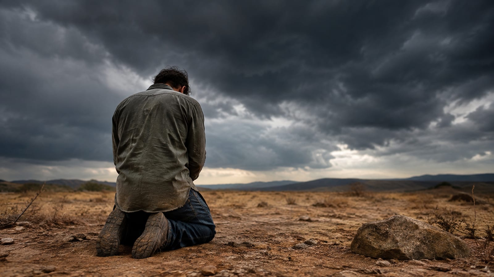 A man kneeling in prayer on barren ground under a dark, stormy sky