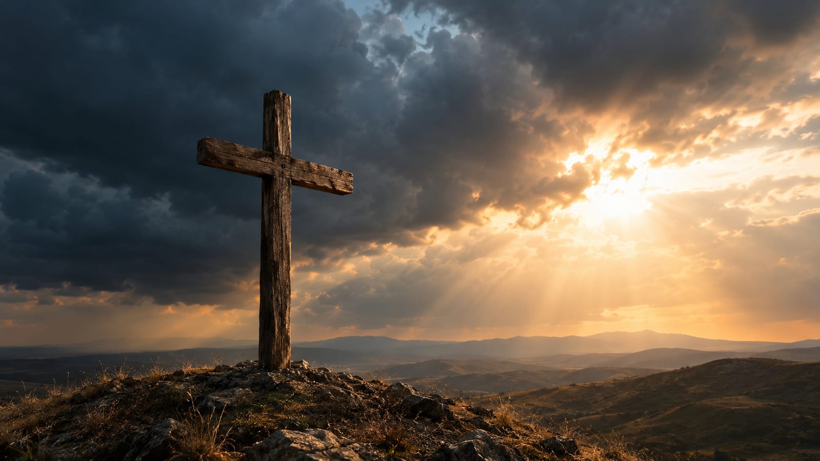 A wooden cross stands on a rocky hill under dramatic clouds with sunlight breaking through