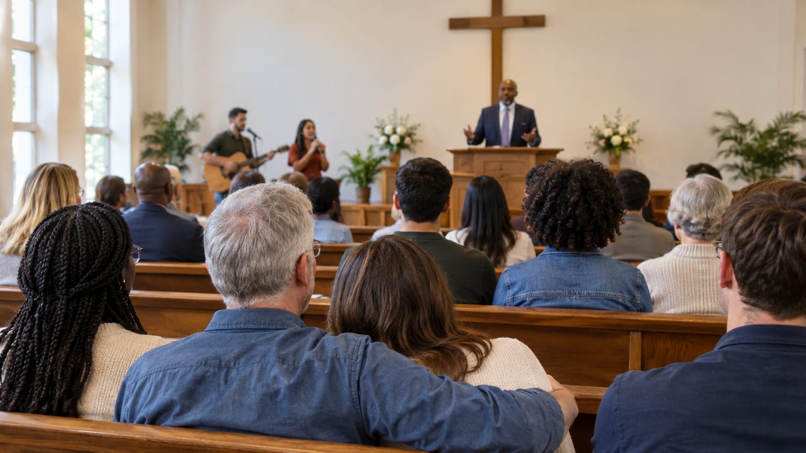 A congregation sits in wooden pews facing a pastor speaking from a church pulpit[cite: 1]