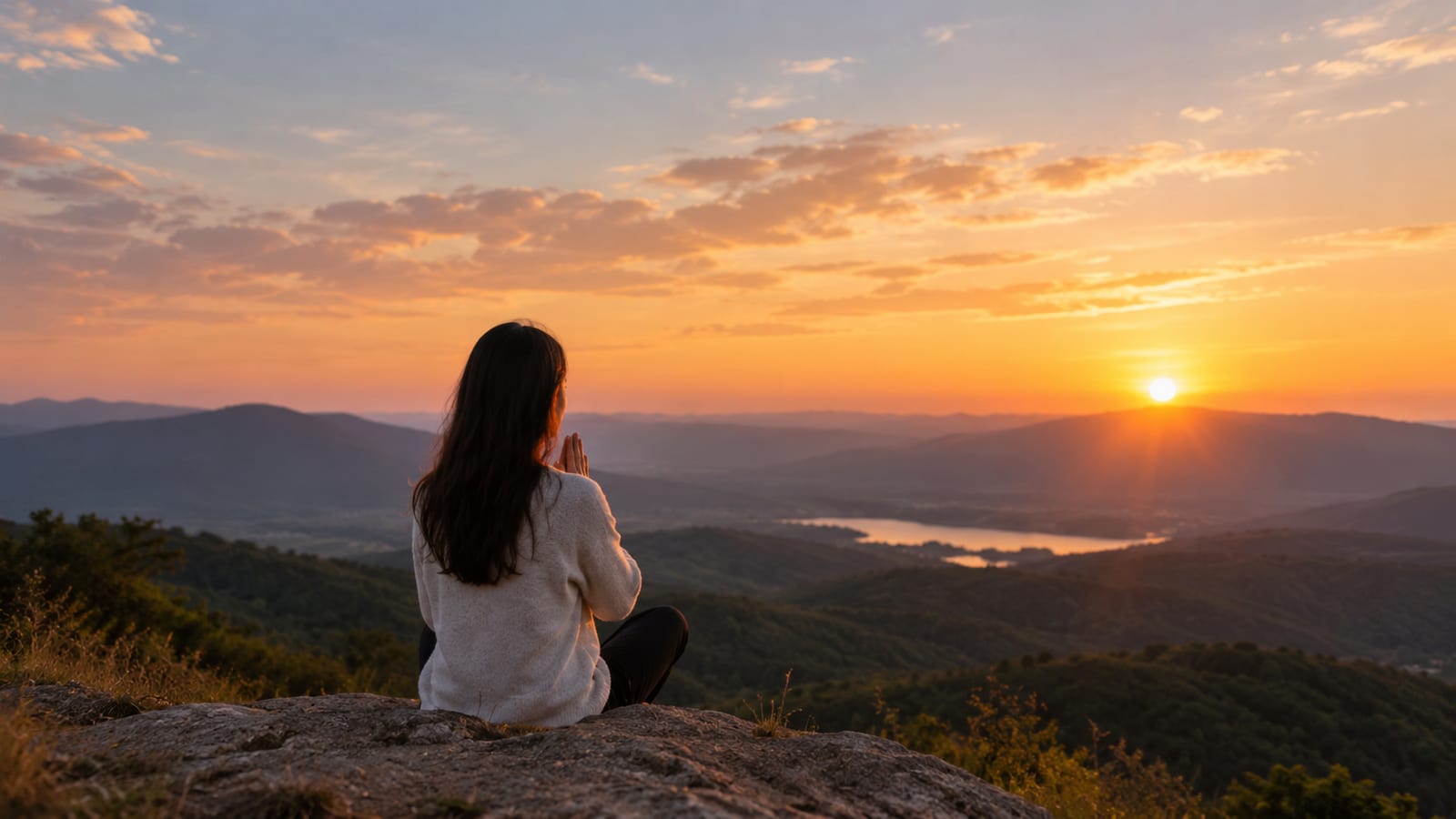 Woman praying on a rocky outcrop overlooking rolling mountains and a lake at sunset