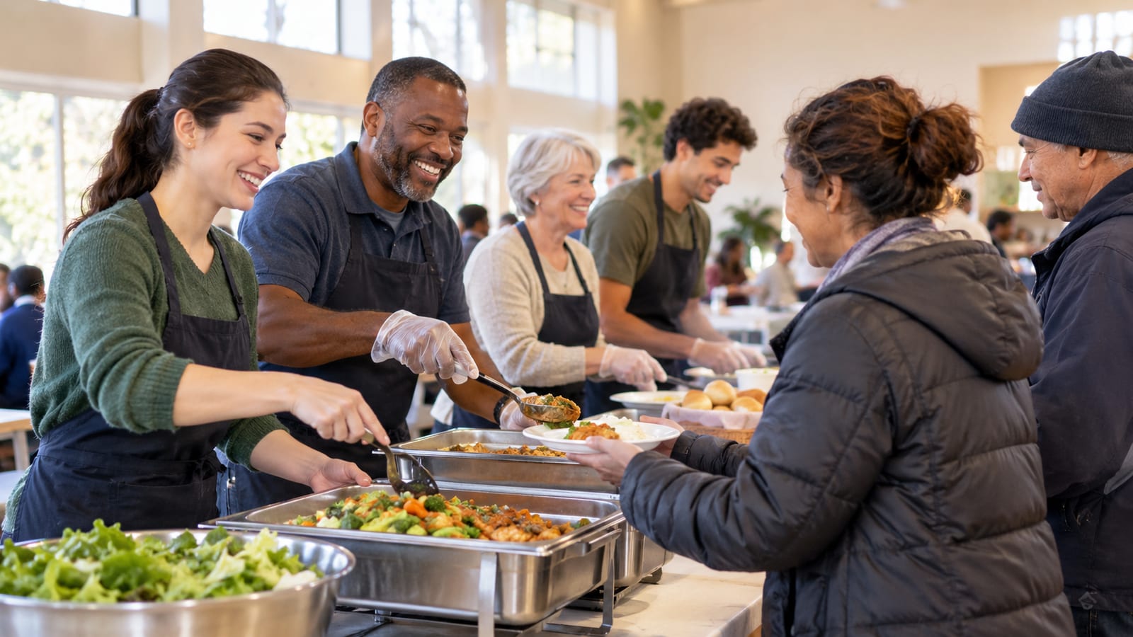 Smiling volunteers in aprons serve food from metal chafing dishes to people in line