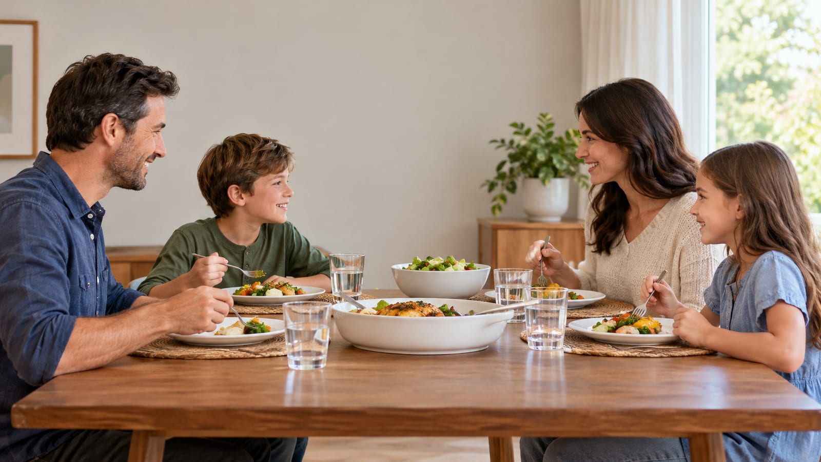 Family eating a healthy meal together at a wooden dining table with serving bowls