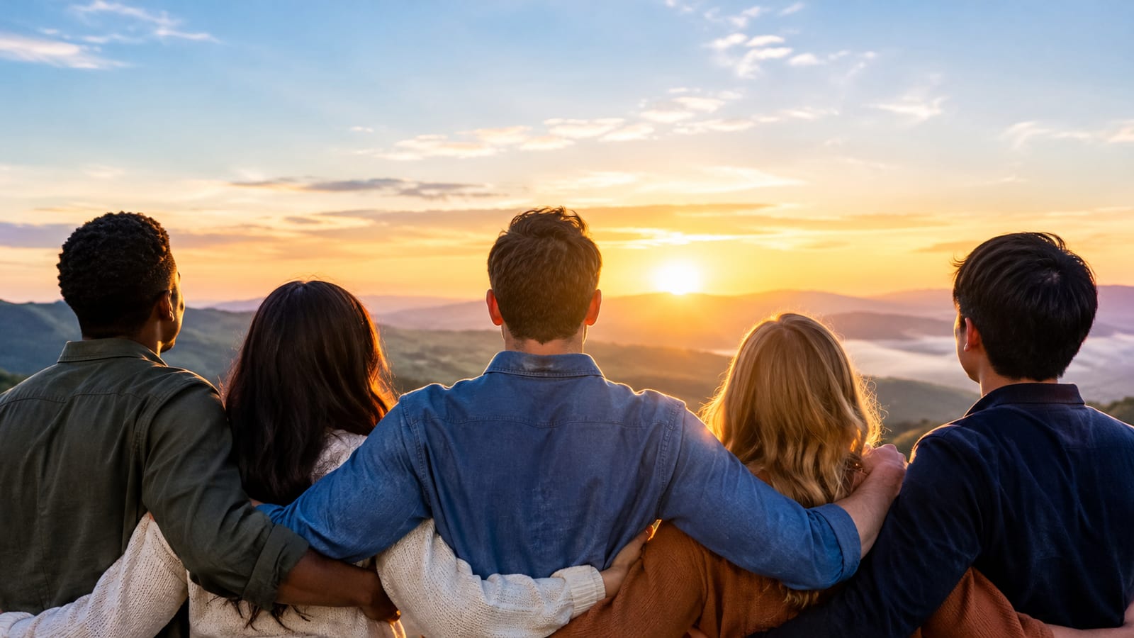 Five people with arms around each other look out at a sunrise over mountains