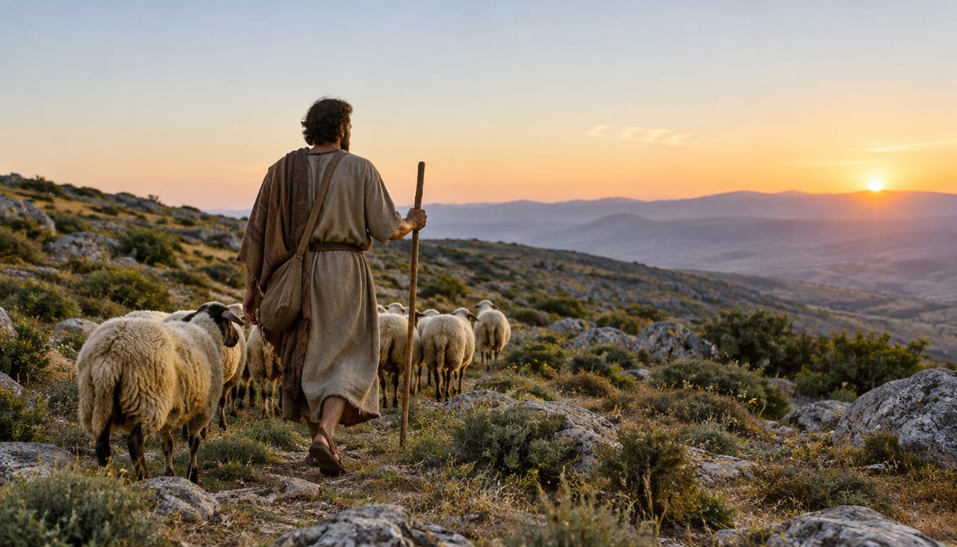 A shepherd holding a wooden staff walks with sheep across a rocky hillside at sunset