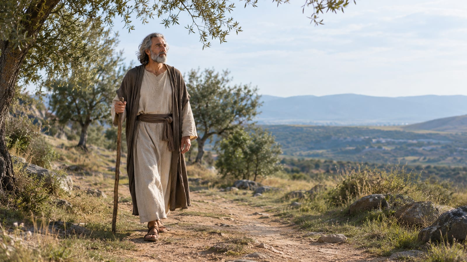 Enoch walking with a wooden staff along a dirt path in a hilly landscape