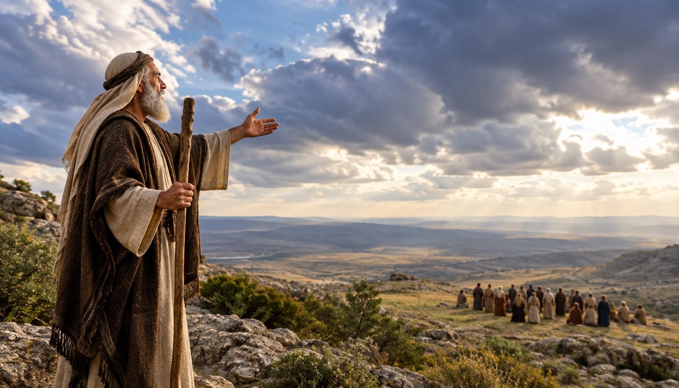 Enoch holding a staff and gesturing toward people gathered across a vast rocky landscape
