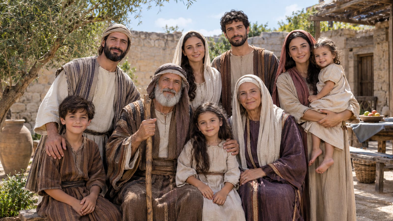 Multigenerational biblical family wearing ancient robes smiling together in a stone courtyard