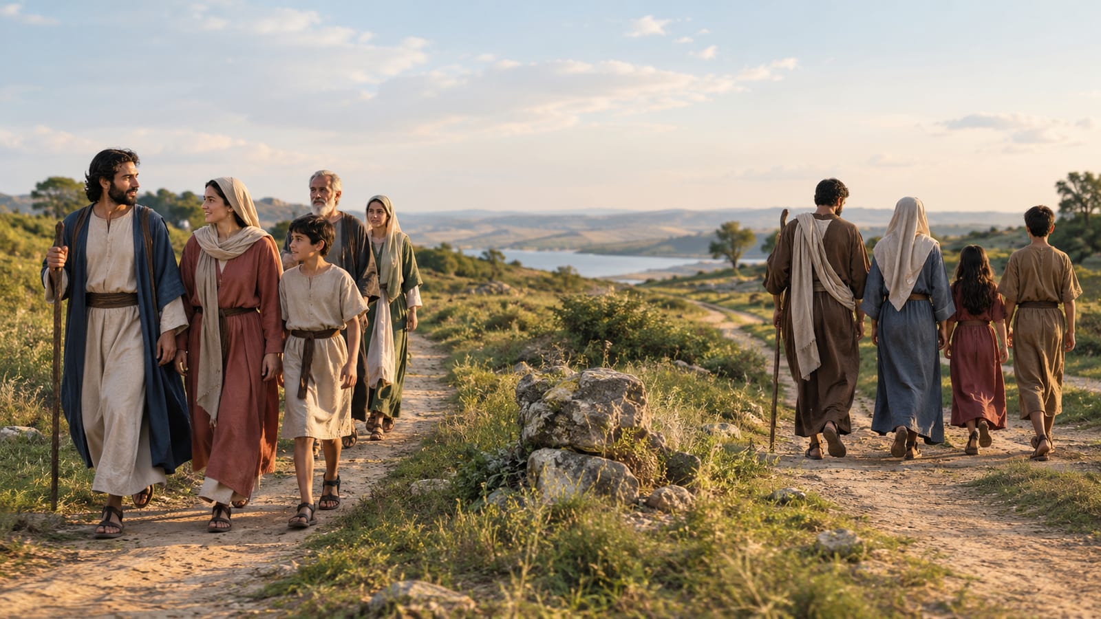 Families in ancient biblical robes walking along dirt paths across grassy rolling hills