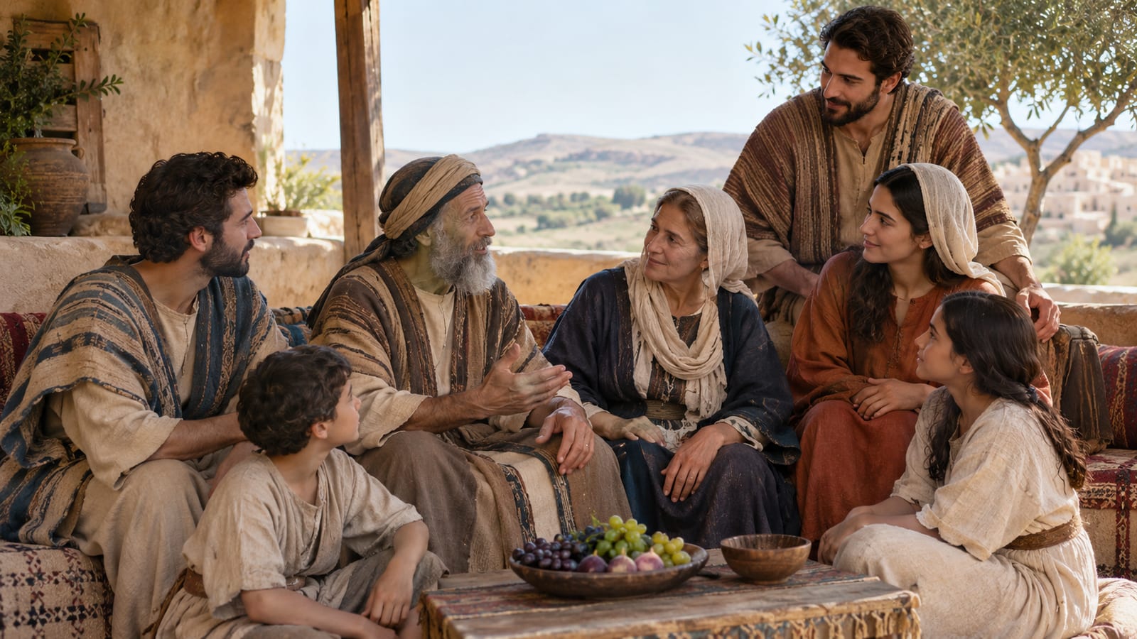 A multigenerational biblical family gathered on an outdoor terrace around a bowl of fruit
