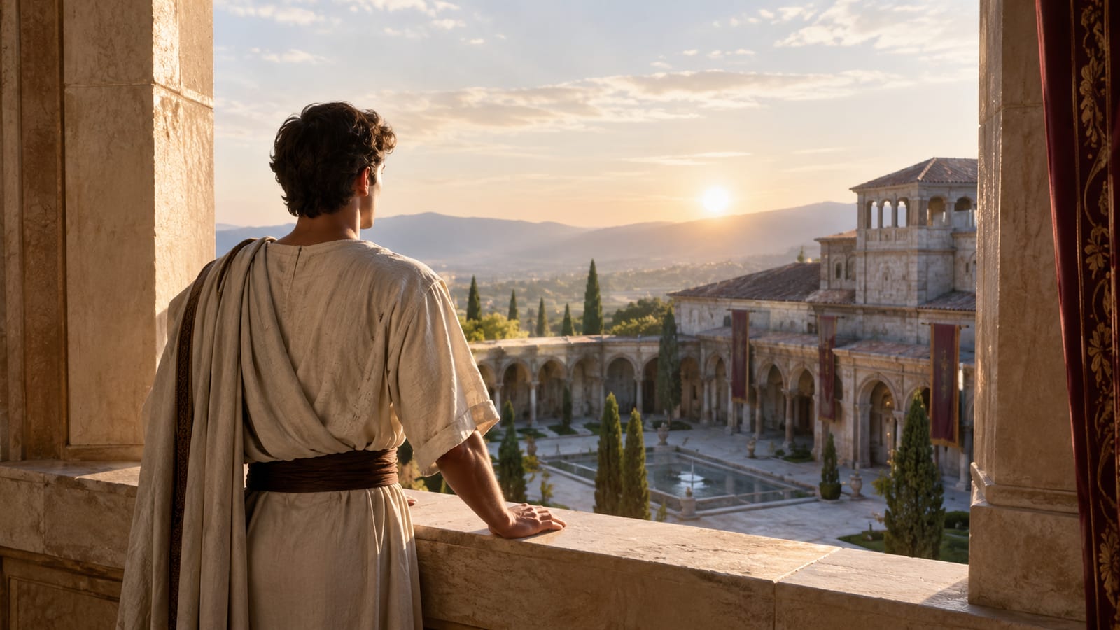 Man in an ancient robe looking from a balcony over a sunlit palace courtyard