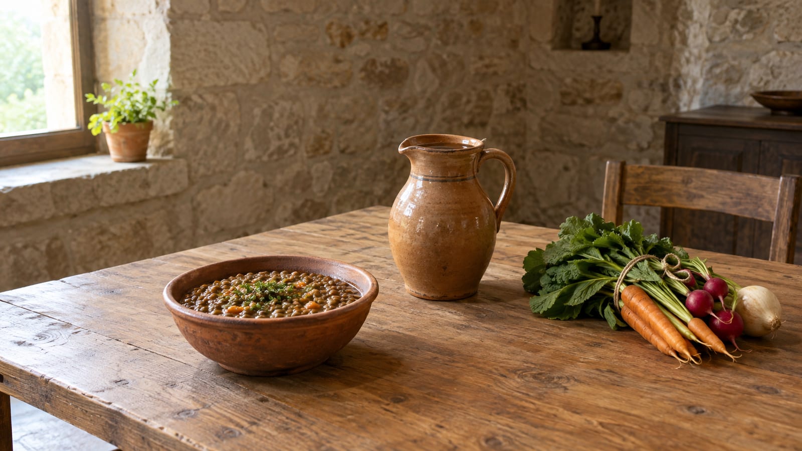 Lentil stew garnished with herbs in a clay bowl on a rustic wooden table