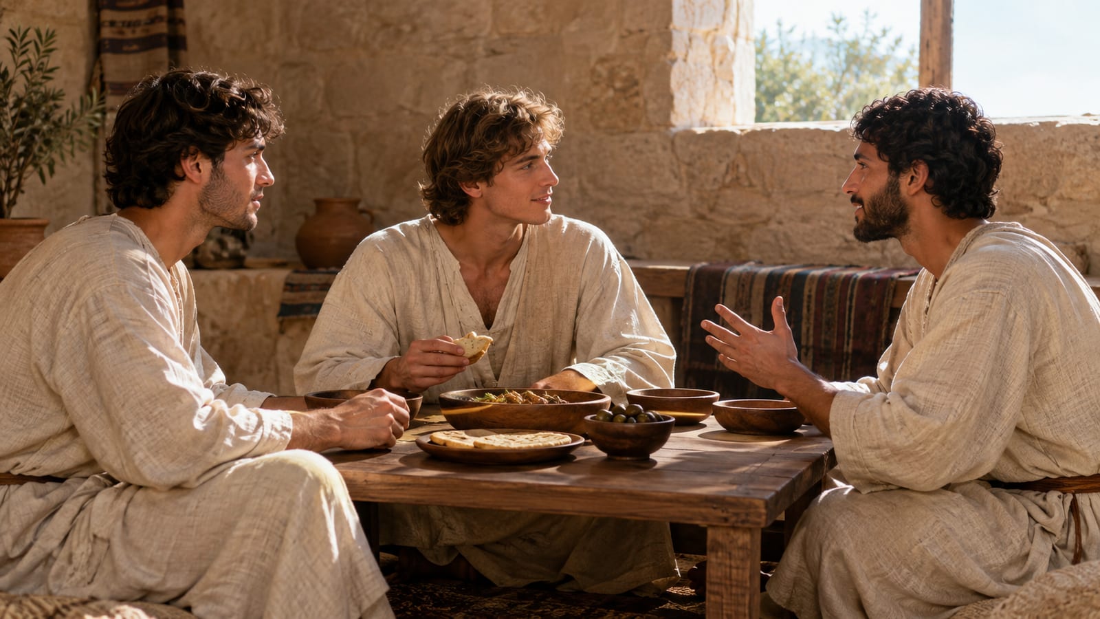 Three men in linen tunics sit around a low wooden table eating and talking