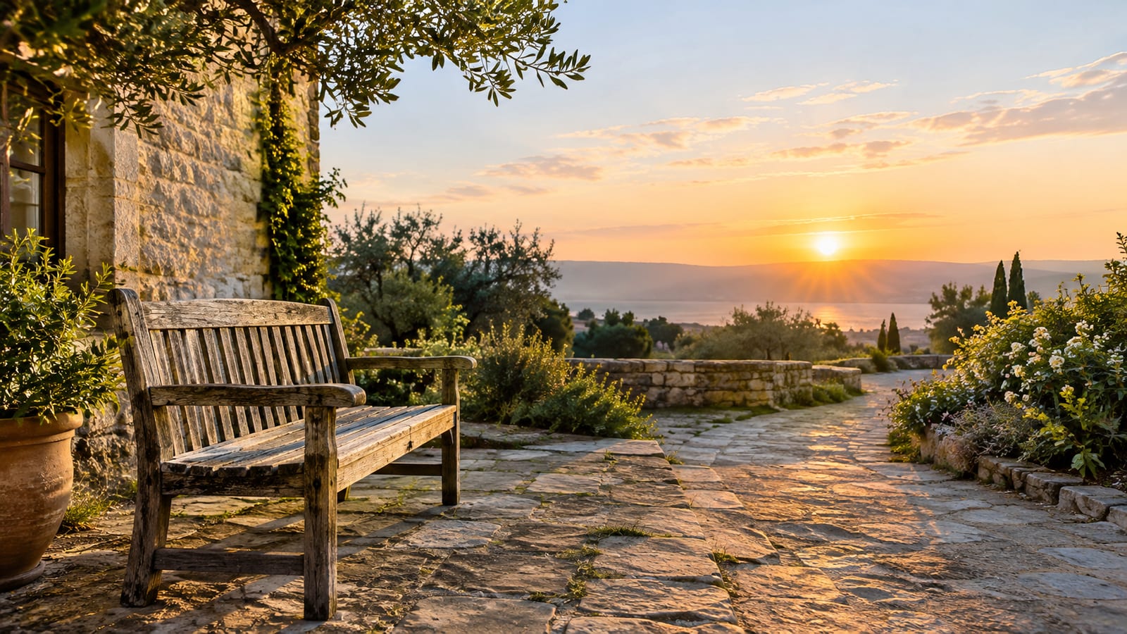 Wooden bench on a stone patio overlooking distant hills and water at sunset