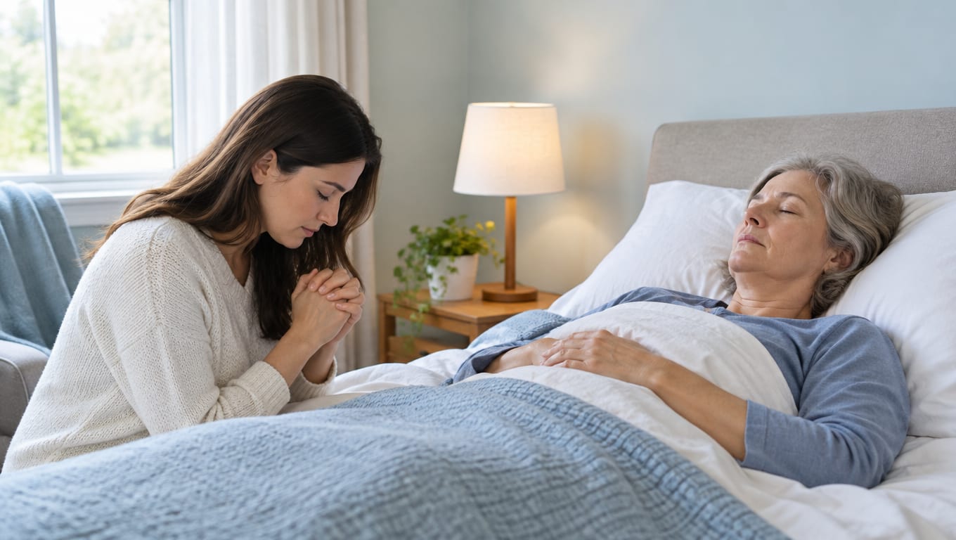 A woman prays with clasped hands beside an older woman lying in bed