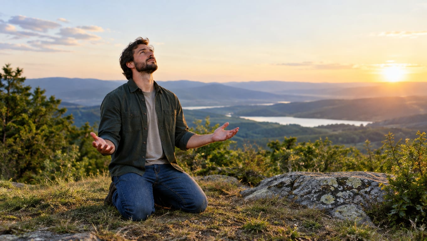 A man kneels on a grassy hilltop with hands open in prayer at sunset