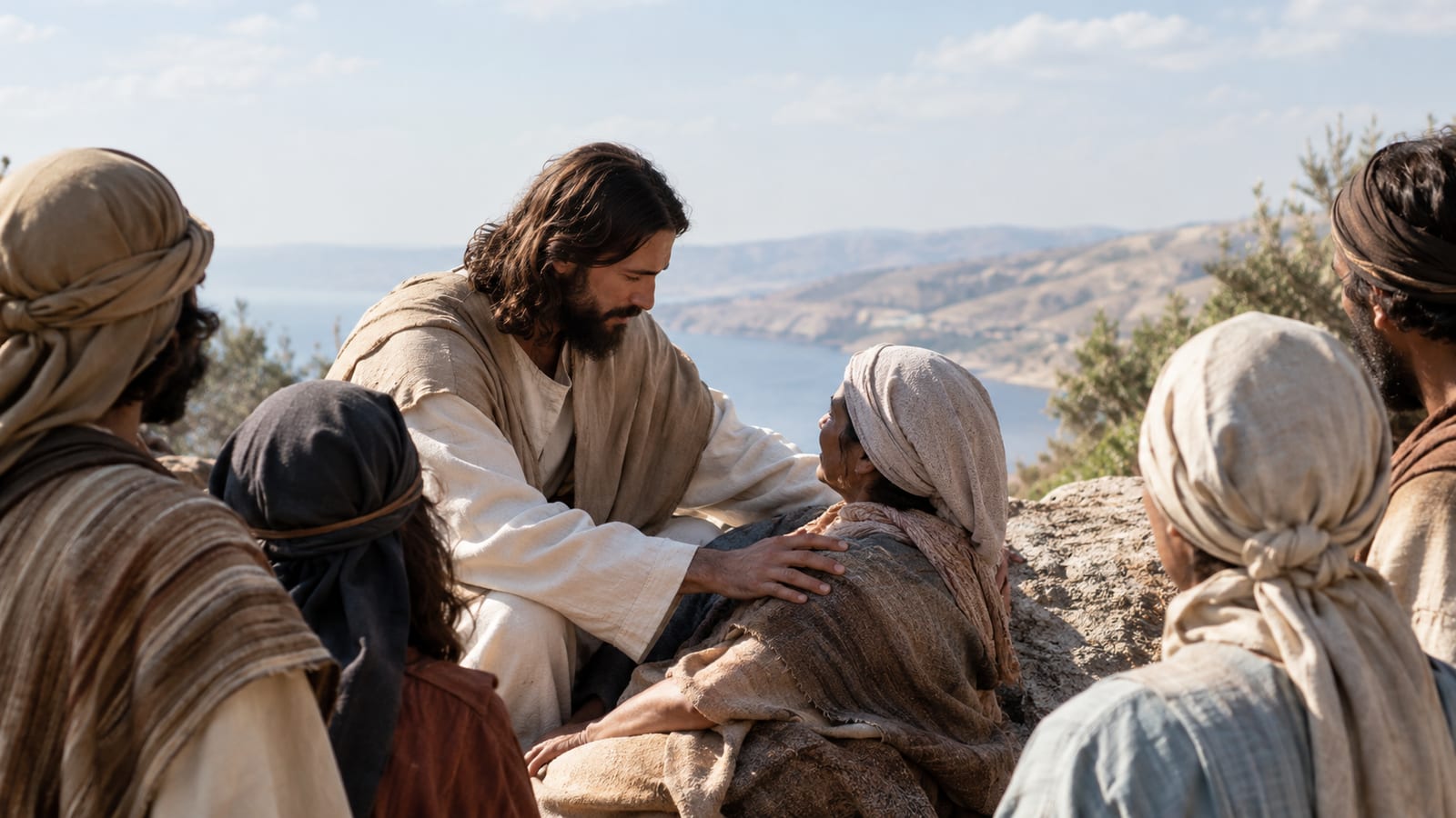 Jesus rests a comforting hand on a reclining woman surrounded by onlookers on a hillside