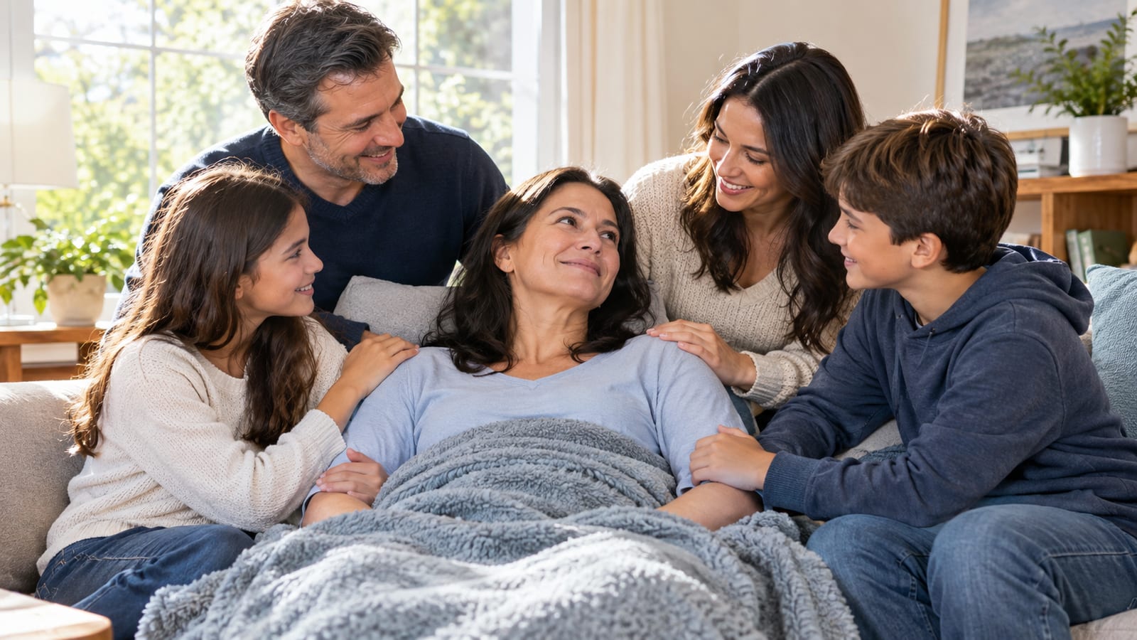 A woman resting on a couch under a blanket surrounded by her smiling family