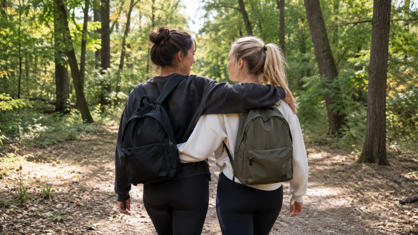Two friends wearing backpacks walk together with arms around each other through a forest trail