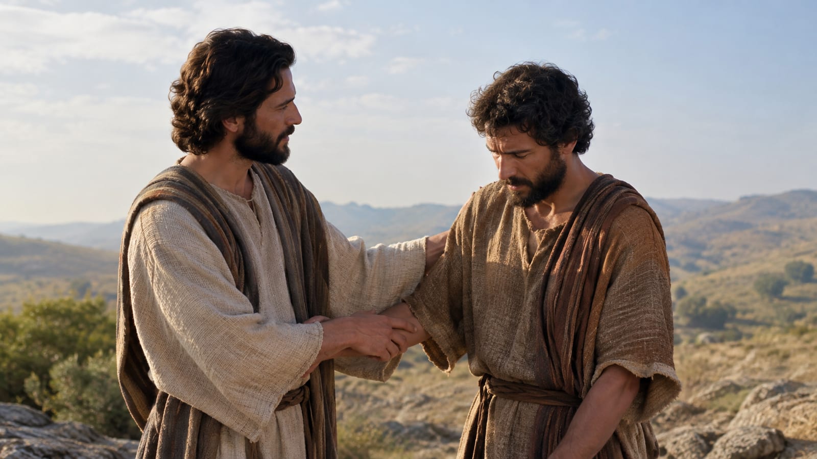 A man in biblical clothing comforting another man on a sunny rocky hillside