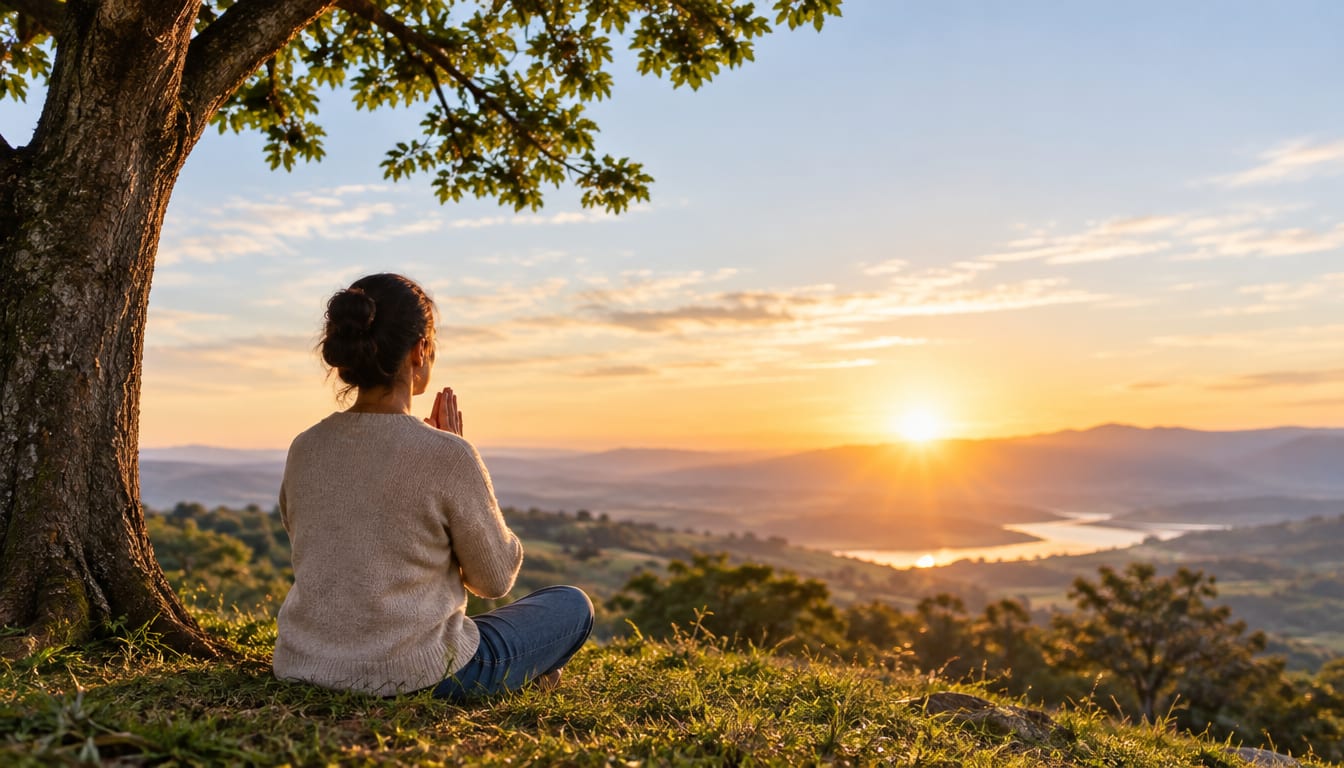 A woman praying cross-legged beneath a tree on a grassy hill overlooking a sunrise