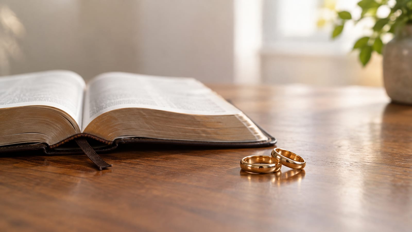 Two gold wedding rings beside an open Bible on a wooden table