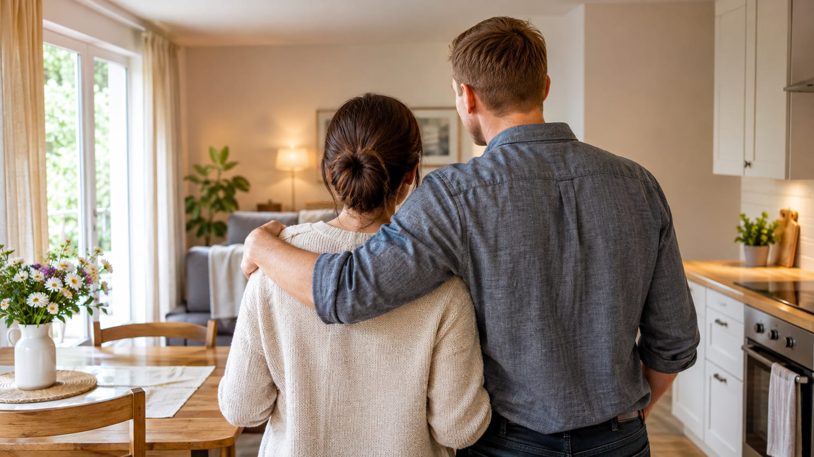 Couple seen from behind as a man puts his arm around a woman indoors