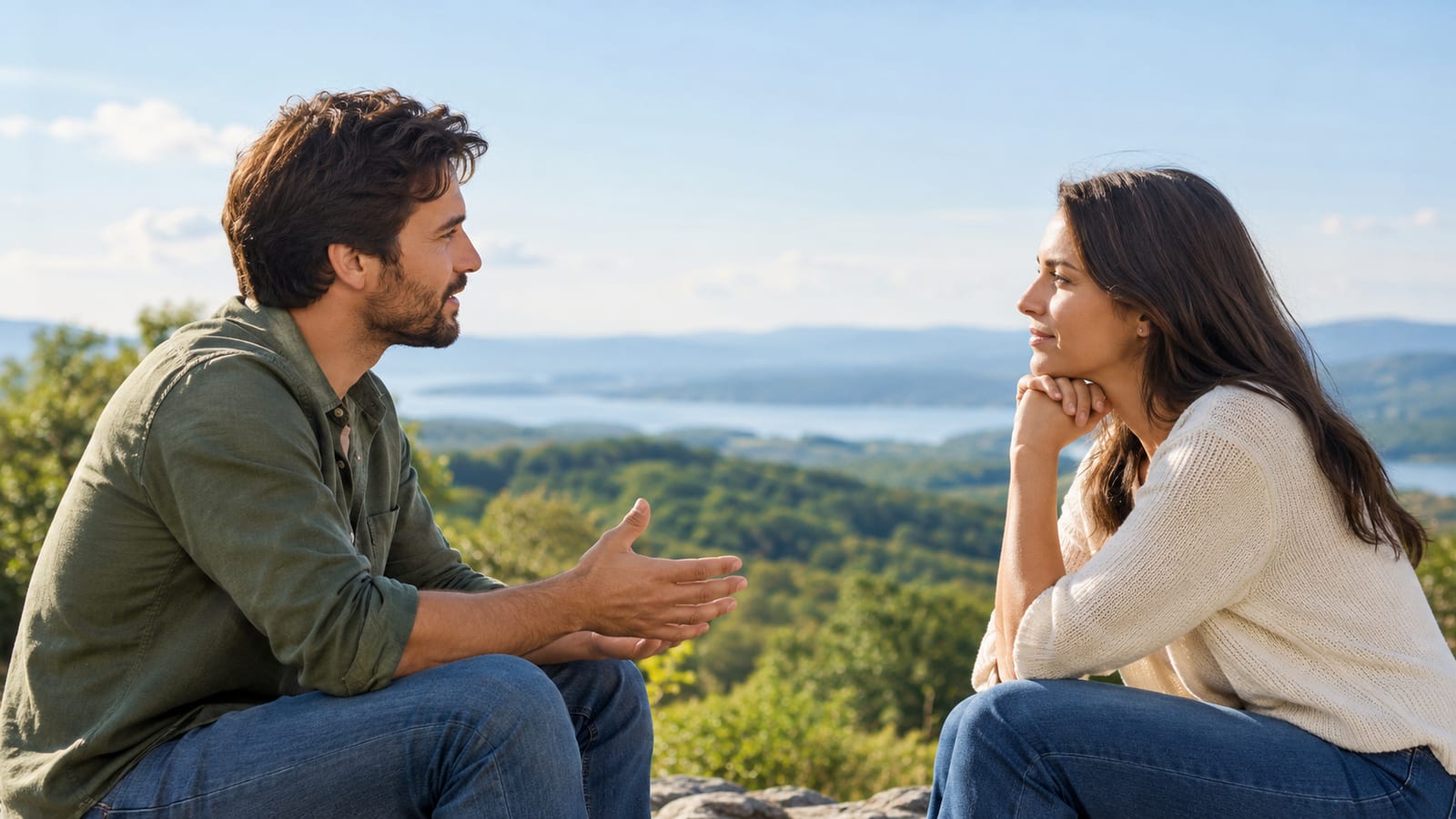 A man discussing faith with a woman on a hilltop overlooking a scenic lake