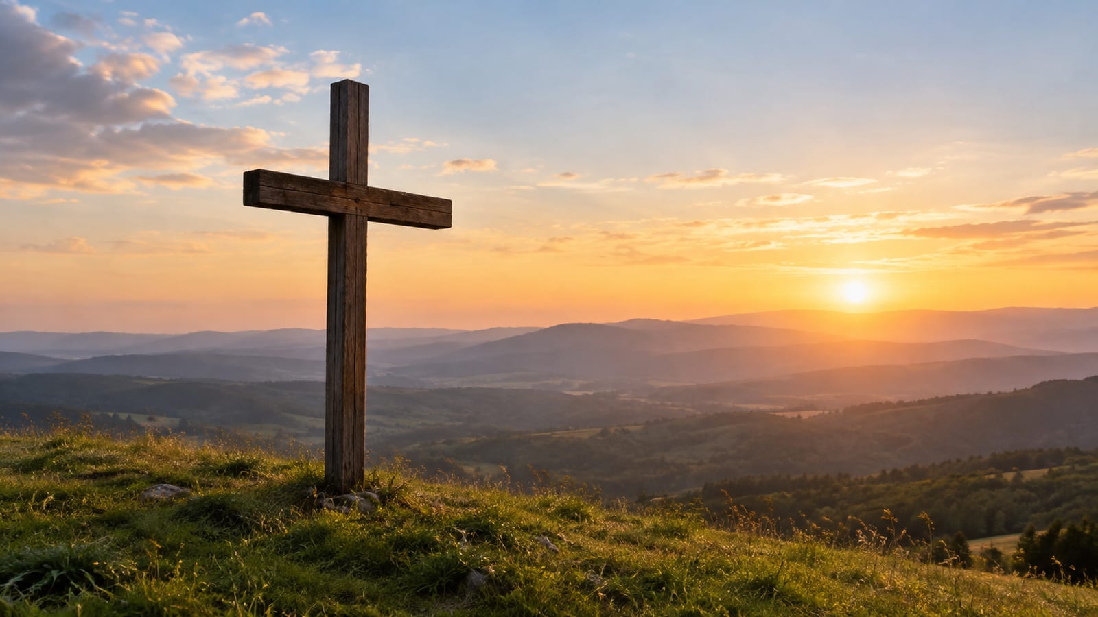 Wooden cross on a grassy hill overlooking rolling mountains at sunset