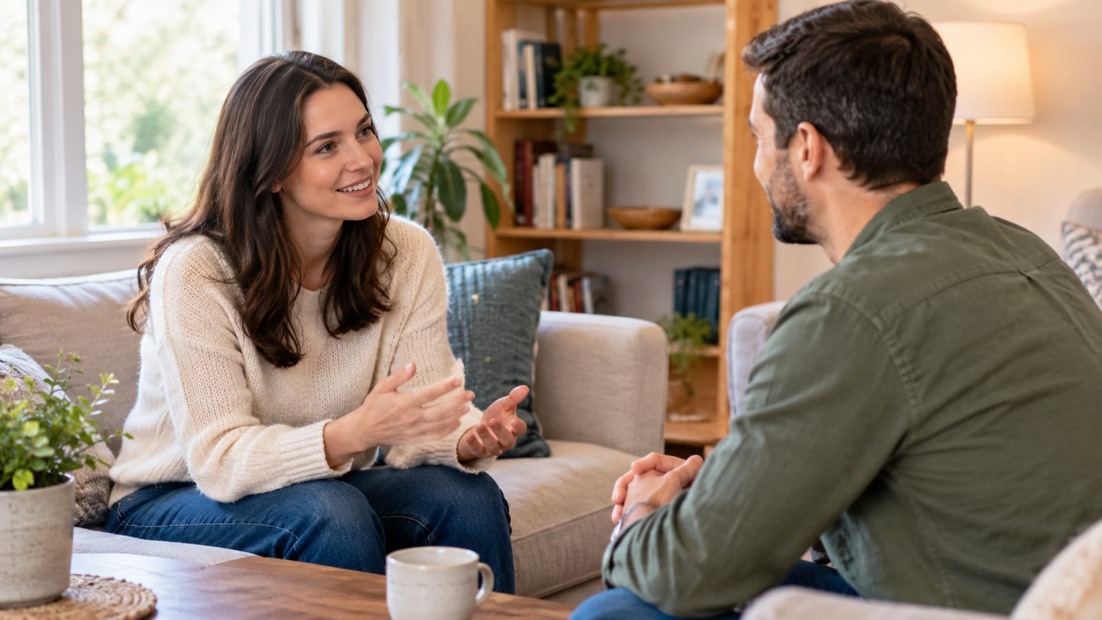 Woman discussing faith with a man in a living room near a coffee mug