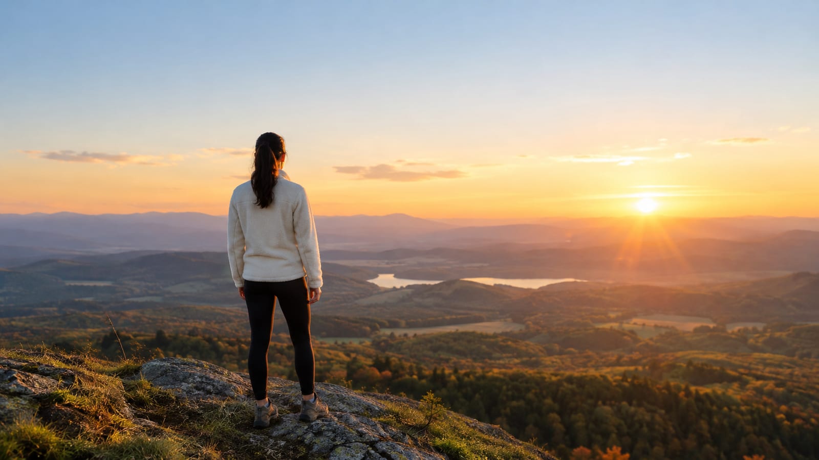Woman standing on a rocky mountain peak overlooking a sunlit valley at sunset