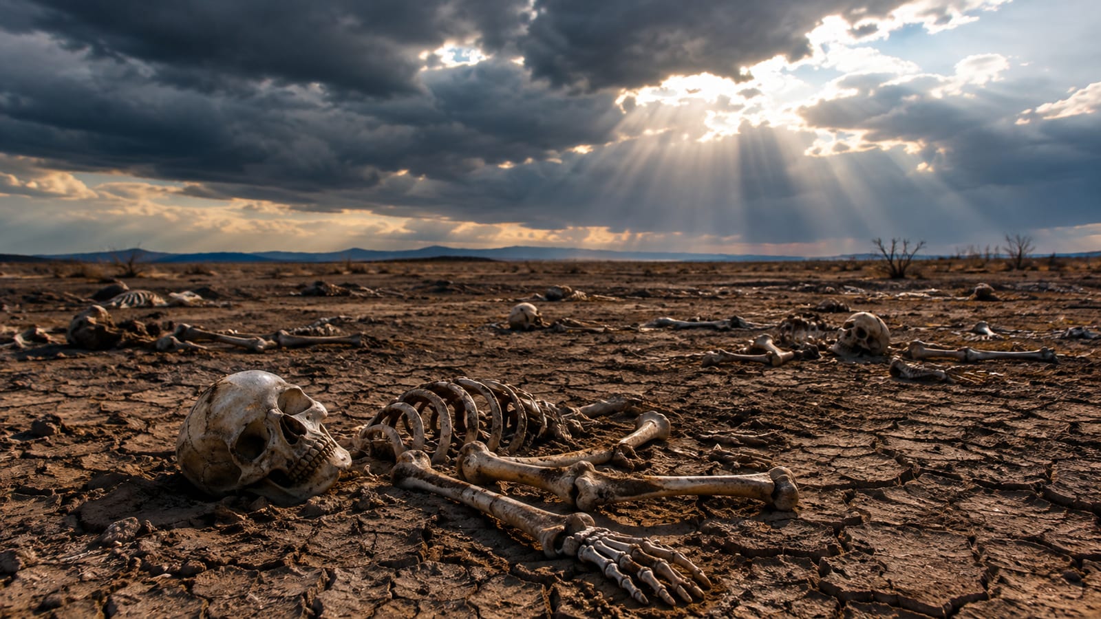 Human skeletons scattered across cracked desert earth beneath sunbeams breaking through dark storm clouds