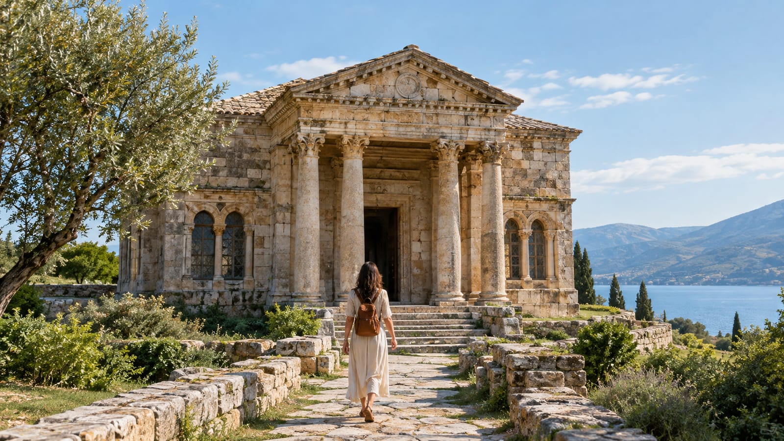 A woman with a backpack walks along a stone path toward an ancient stone temple