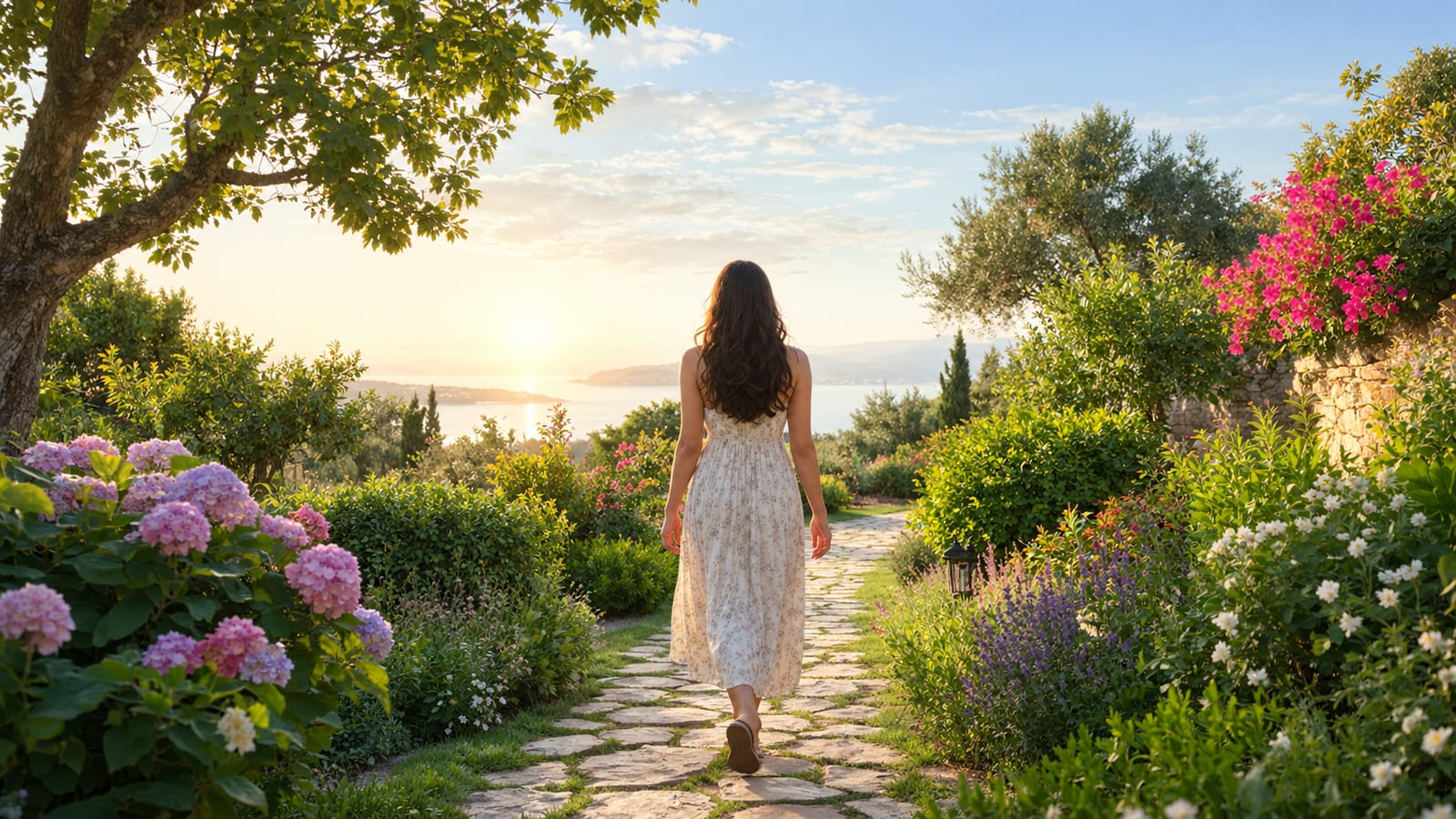 Woman walking along a stone path through a lush flower garden toward the sea