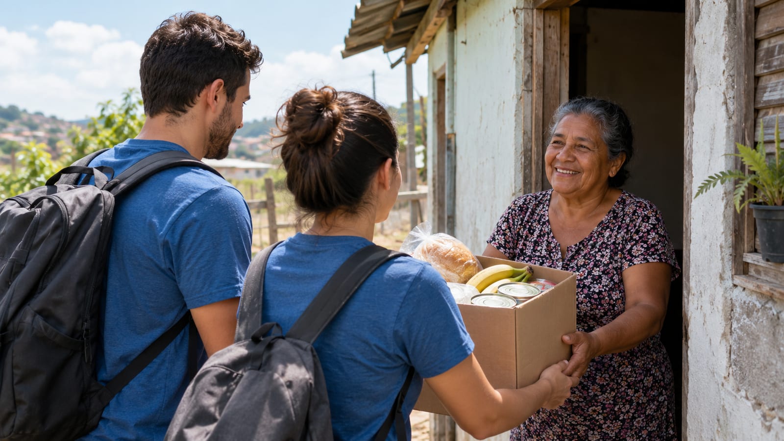 Two volunteers handing a box of groceries to a smiling older woman at her doorway