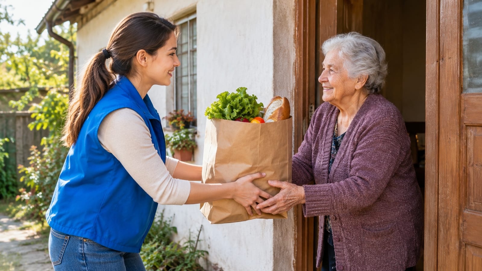 A young volunteer handing a paper bag of groceries to a smiling elderly woman