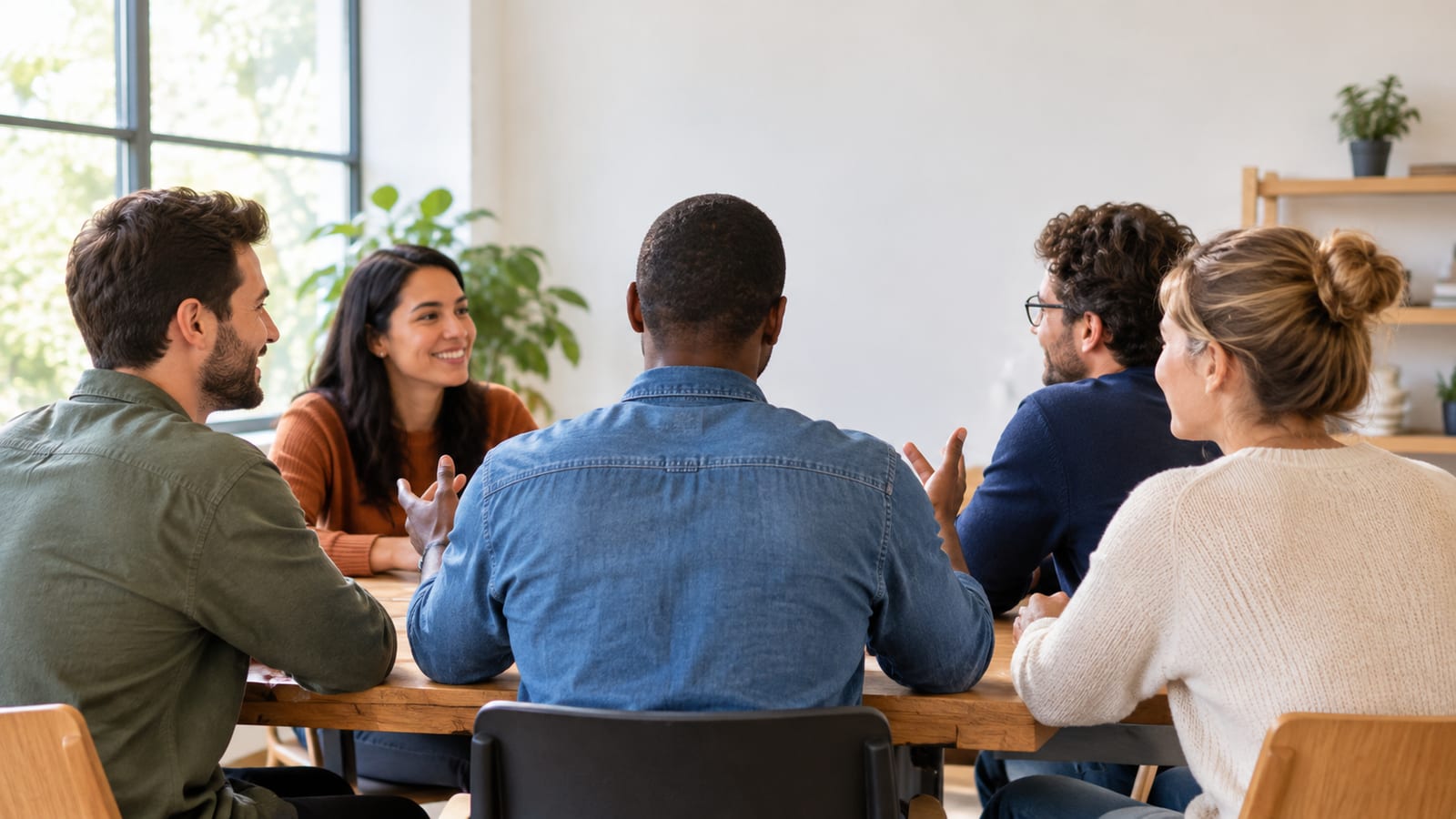 Five people sitting around a wooden table having a conversation in a bright room